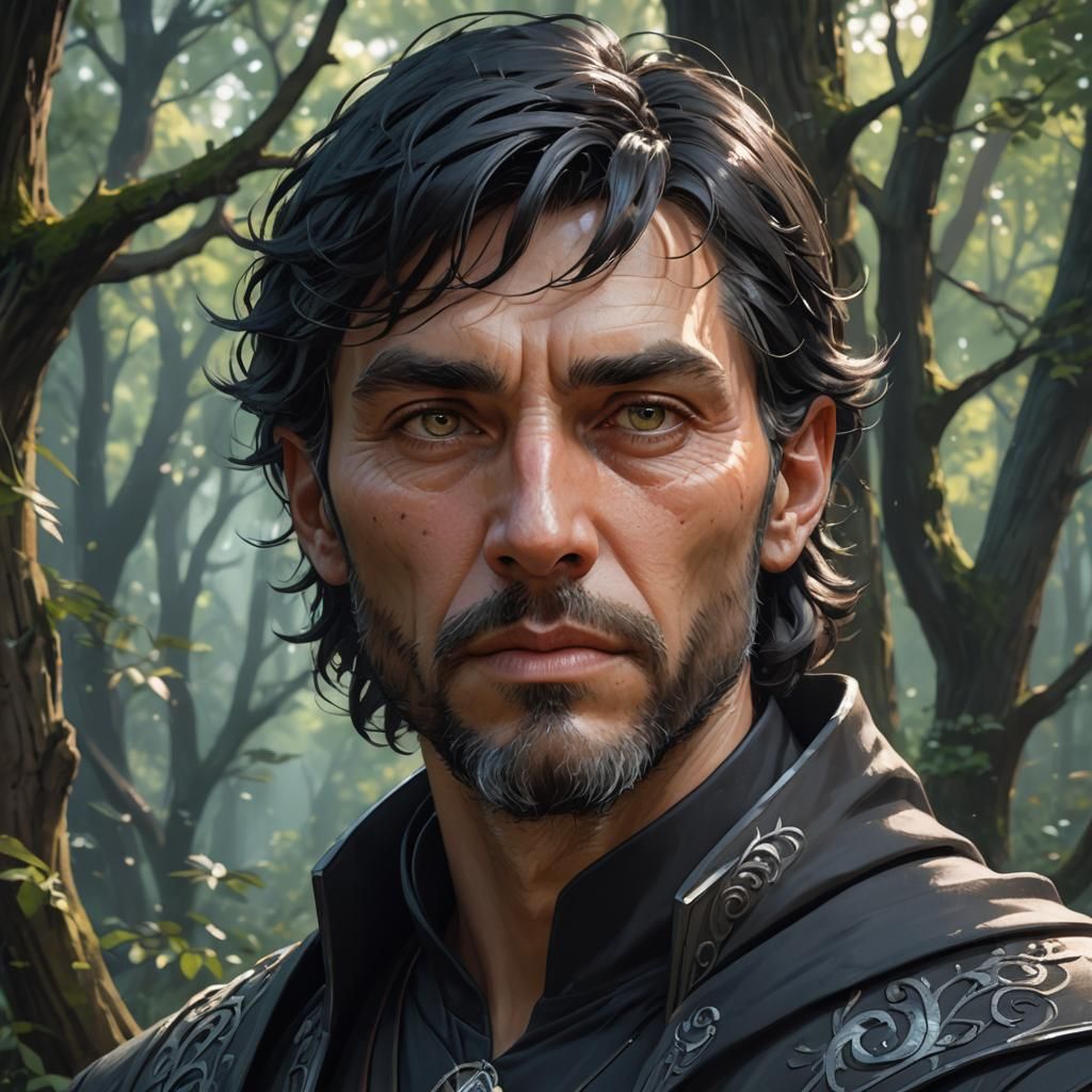 Calm Wizard Portrait in Forest, Detailed Concept Art