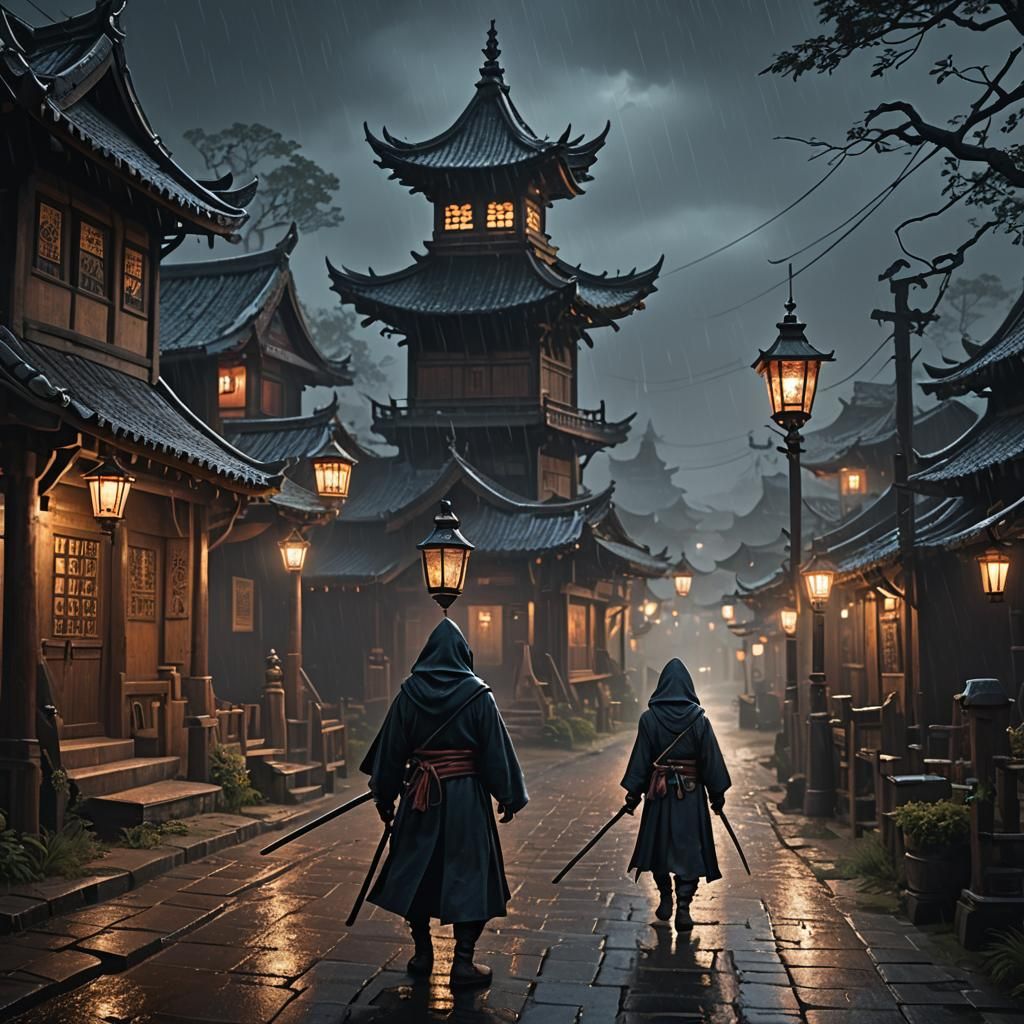Hooded Figure in Rainy Village: Fantasy Concept Art