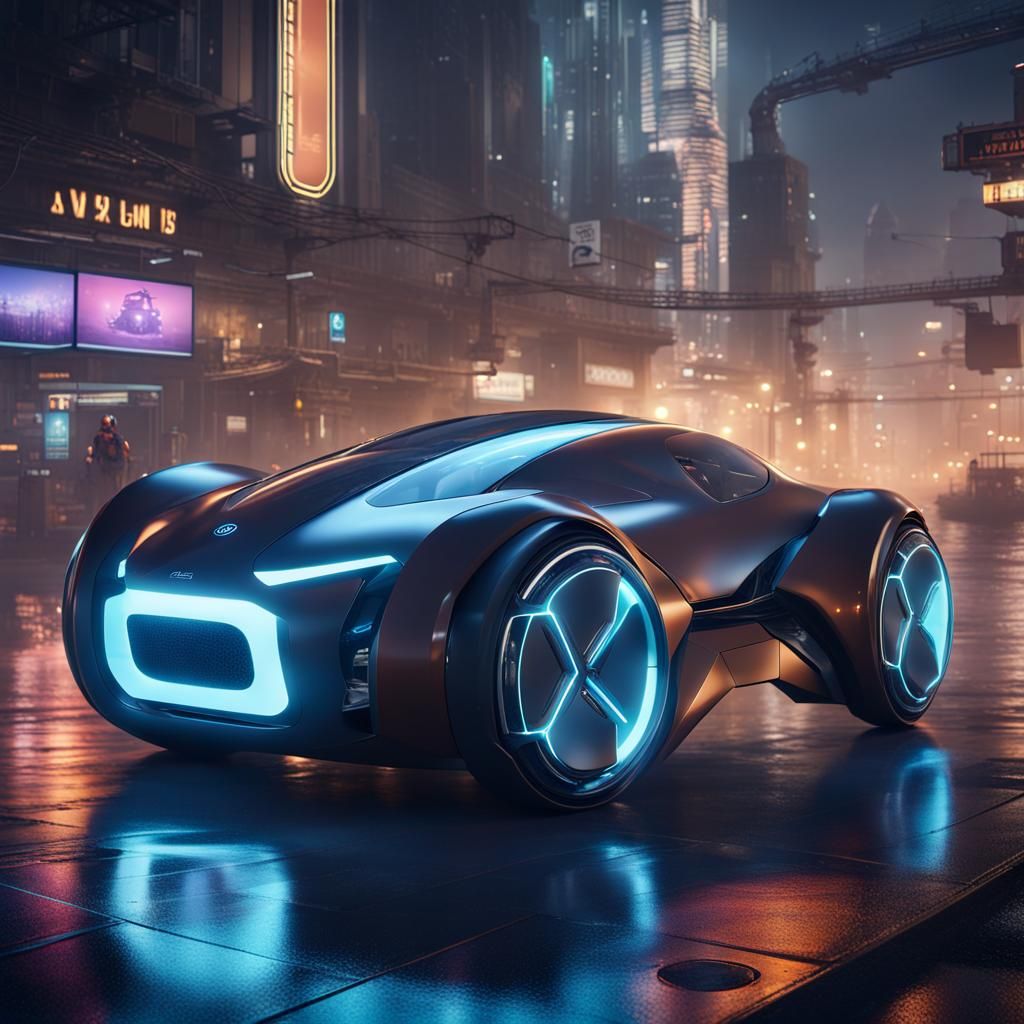 Futuristic Cityscape: Floating Car and Robot Encounter