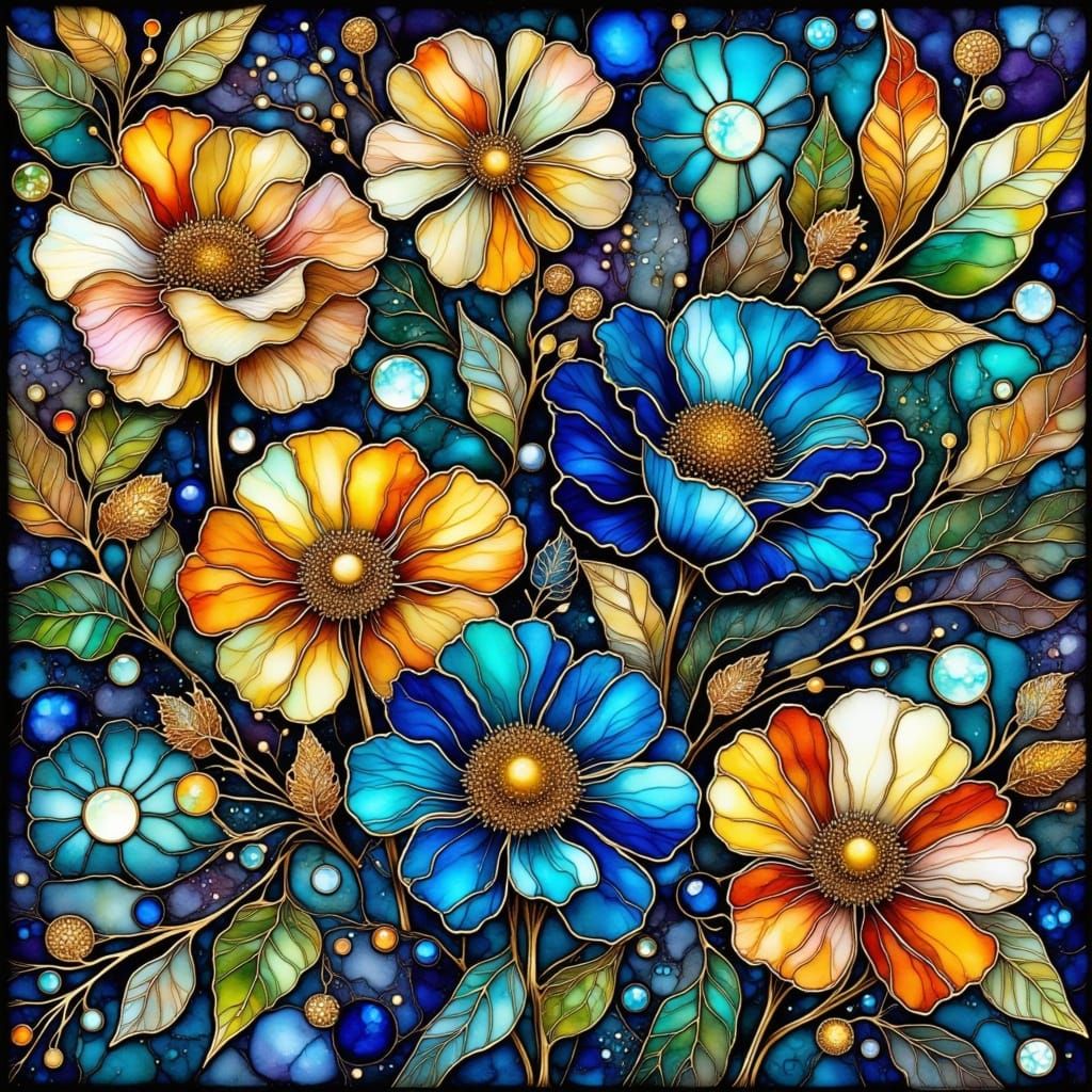 Whimsical Floral Bunch in Stained Glass Style