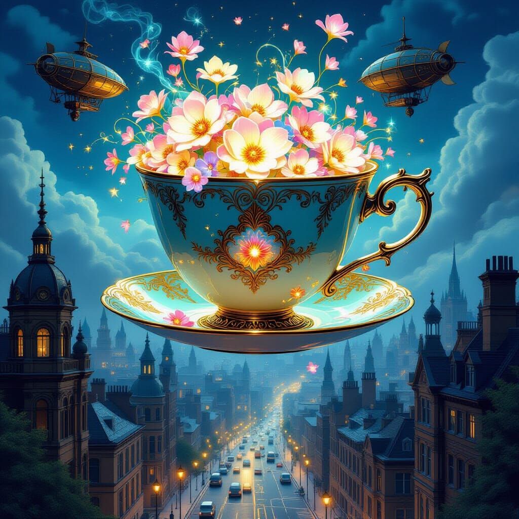 Giant Teacup Floats Over Victorian City, Spilling Magical Fl...