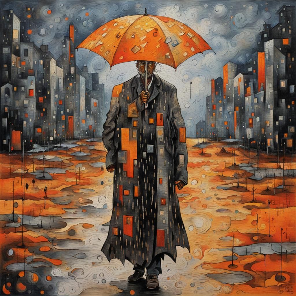 Moody Celtic Woman Walking in Rainy Abstract Expressionism