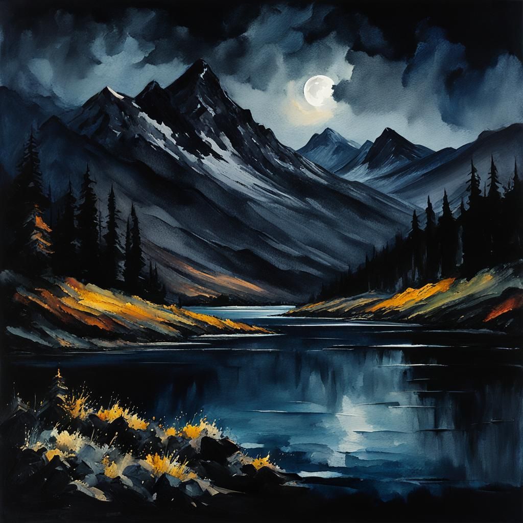 Moody Mountain Landscape in Gouache Style