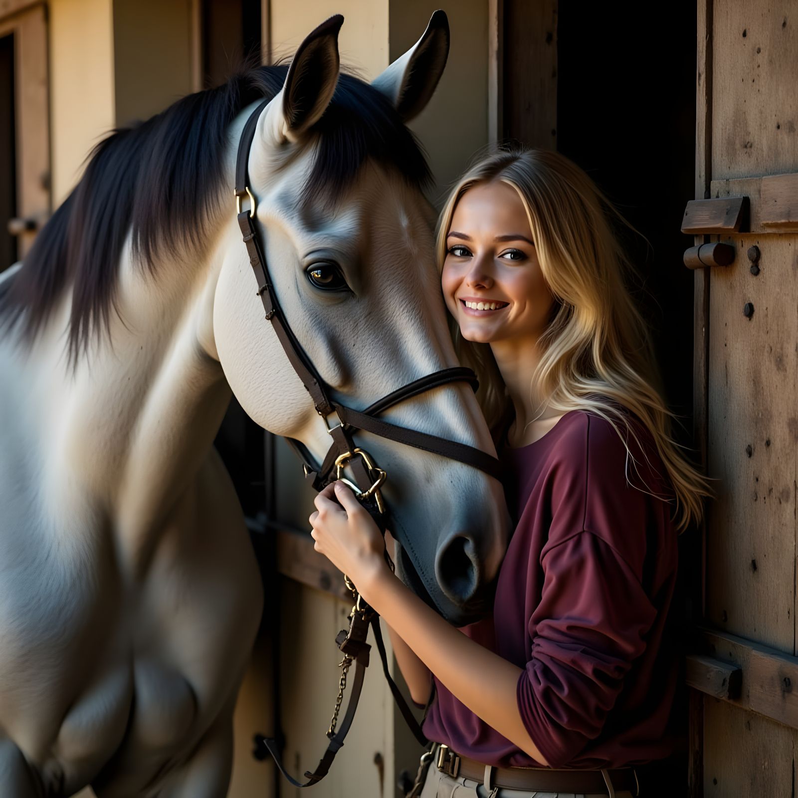 Realistic Portrait of a Woman and Her Gentle Gray Horse