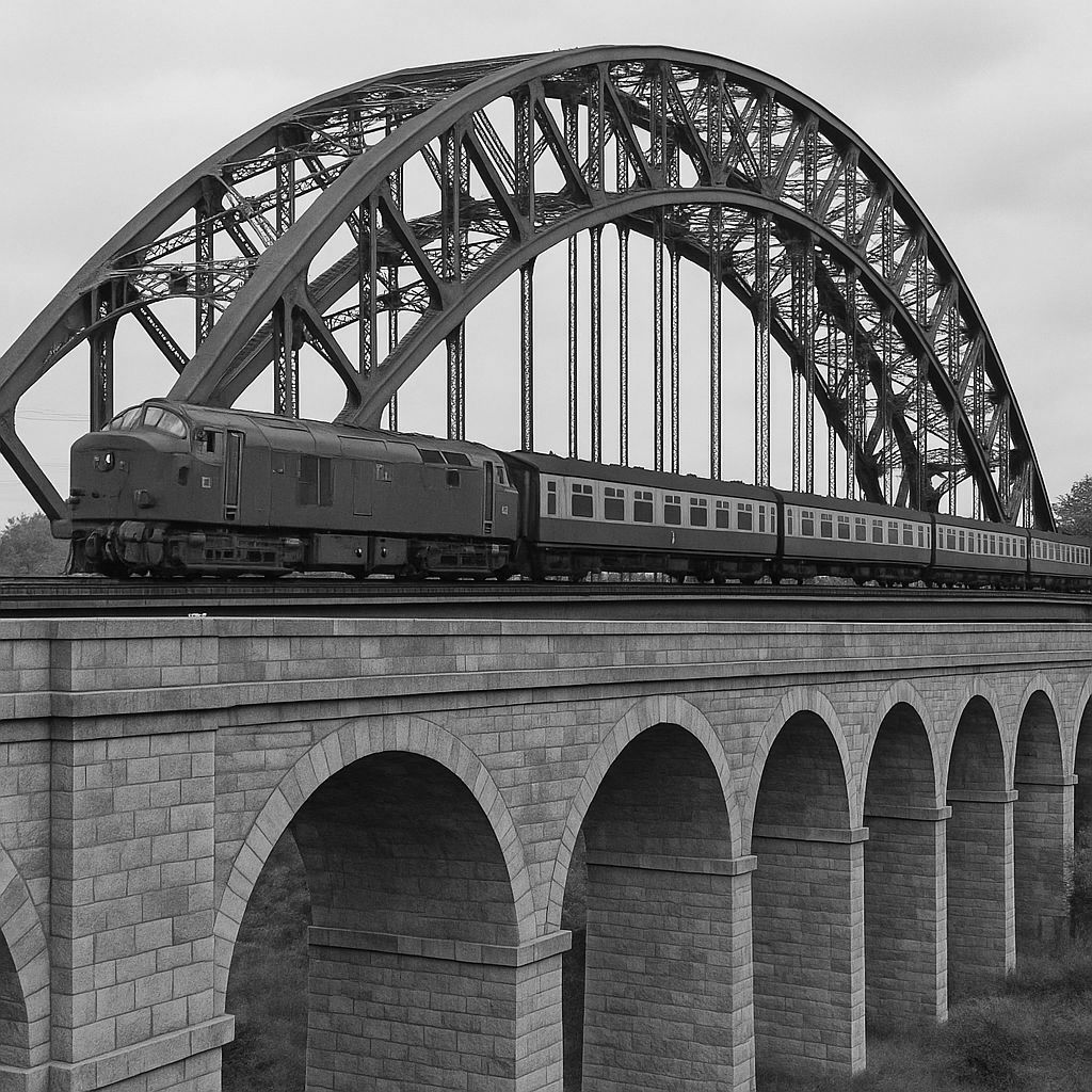 Vintage Train Crosses Steel Truss and Stone Bridges