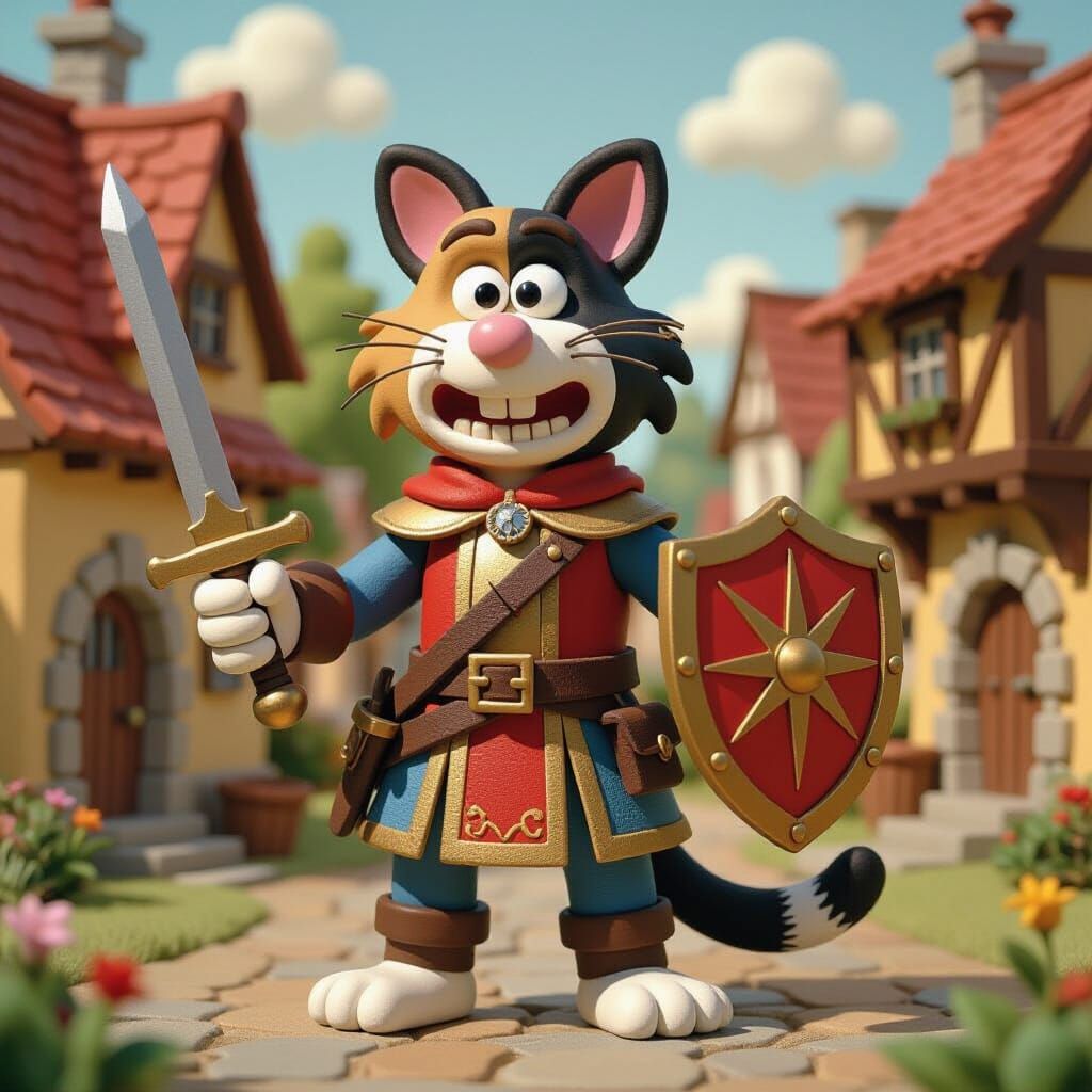 Claymation Calico Cat Cavalier in Medieval Village