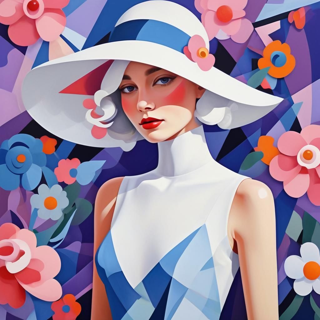 Woman with Flowers in Geometric Fauvism Style