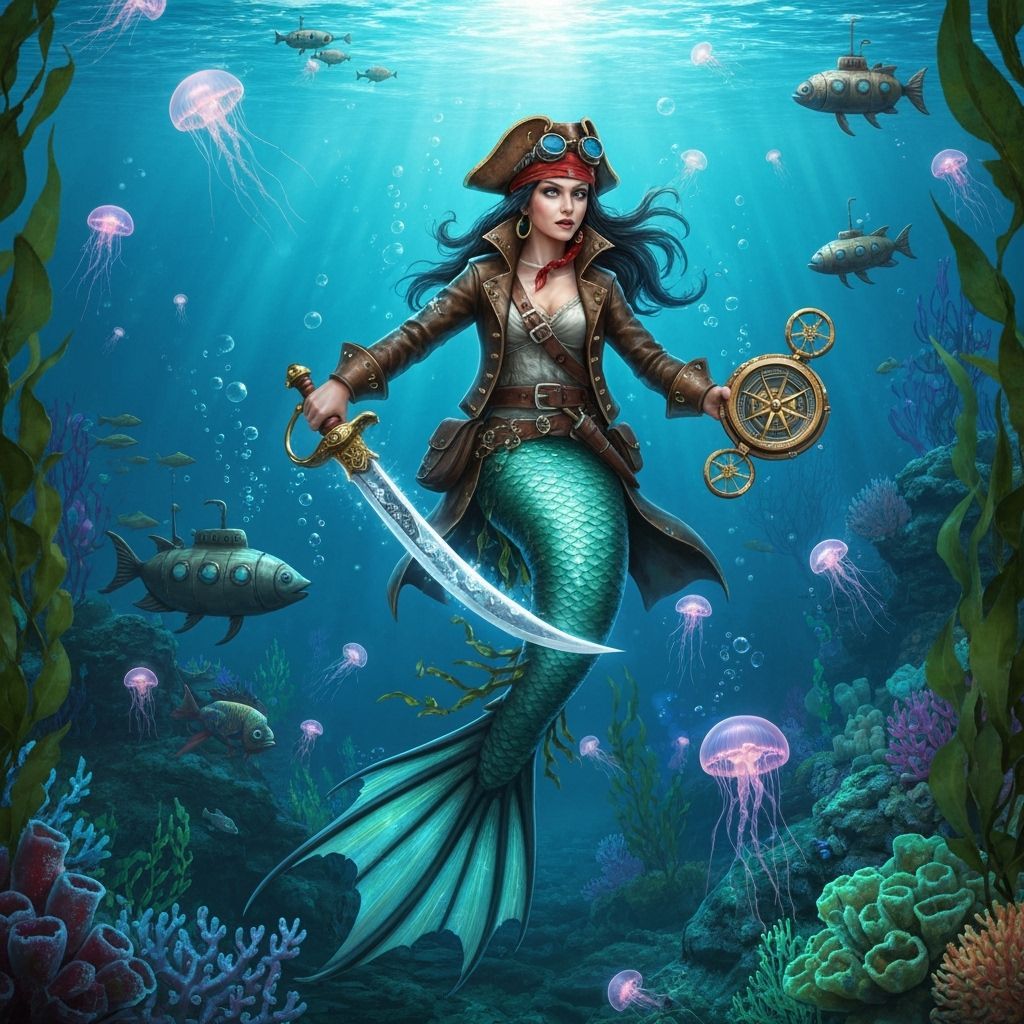 Steampunk Mermaid Pirate in Solarpunk Coral Reef