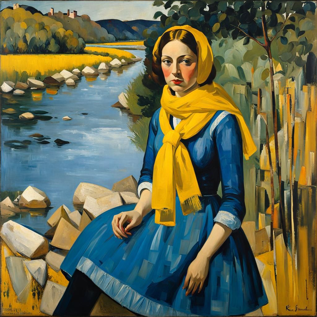 Woman at Riverbank: Oil Painting with Collage