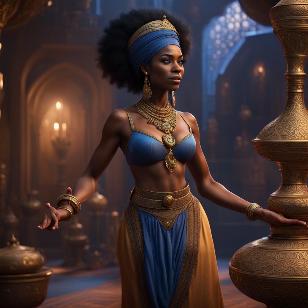 Hyperrealistic Genie as Black Woman, Digital Art