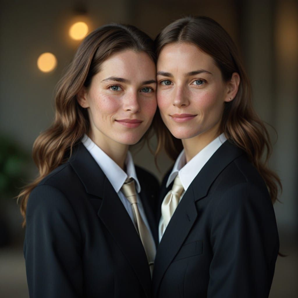 Two Women in Elegant British Business Suits, Cuddling in a P...