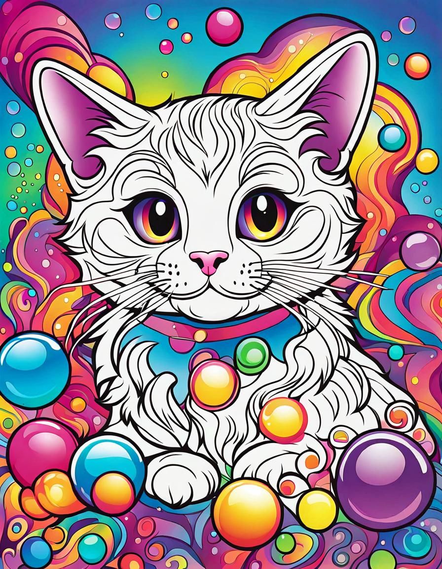 Lisa Frank Cat Coloring Book Page with Bubbles
