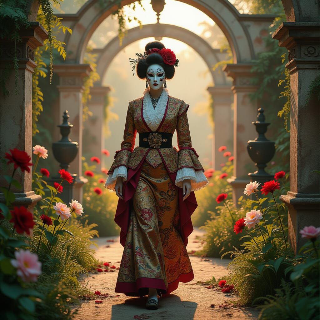 Surreal Woman with Porcelain Mask in Degraded Garden