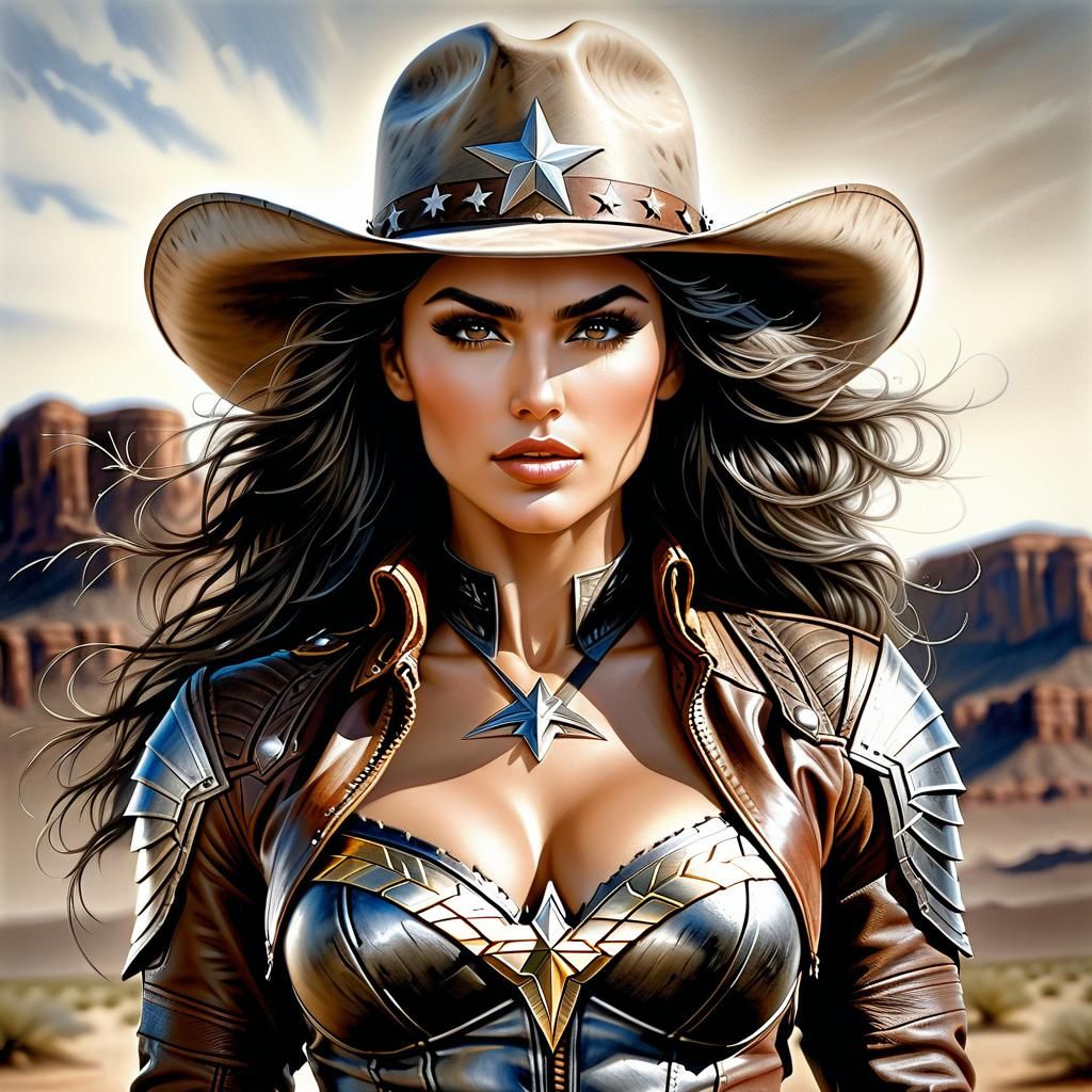 Wonder Woman as Texas Cowgirl, Hyperrealistic Portrait