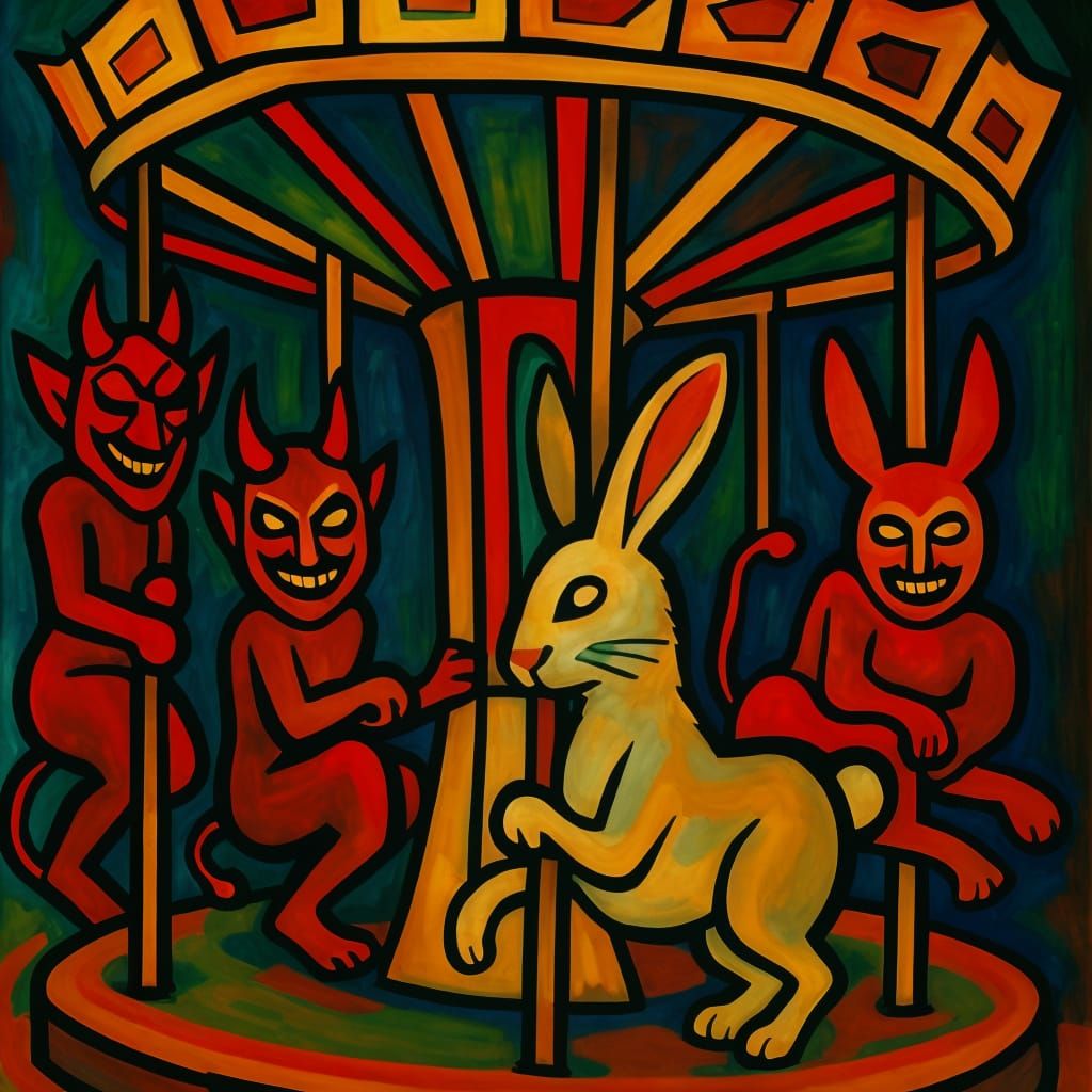 Whimsical Carousel with Devil and Rabbit Figures