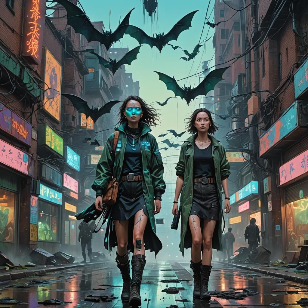 Woman of Bats in Cyberpunk Metropolis