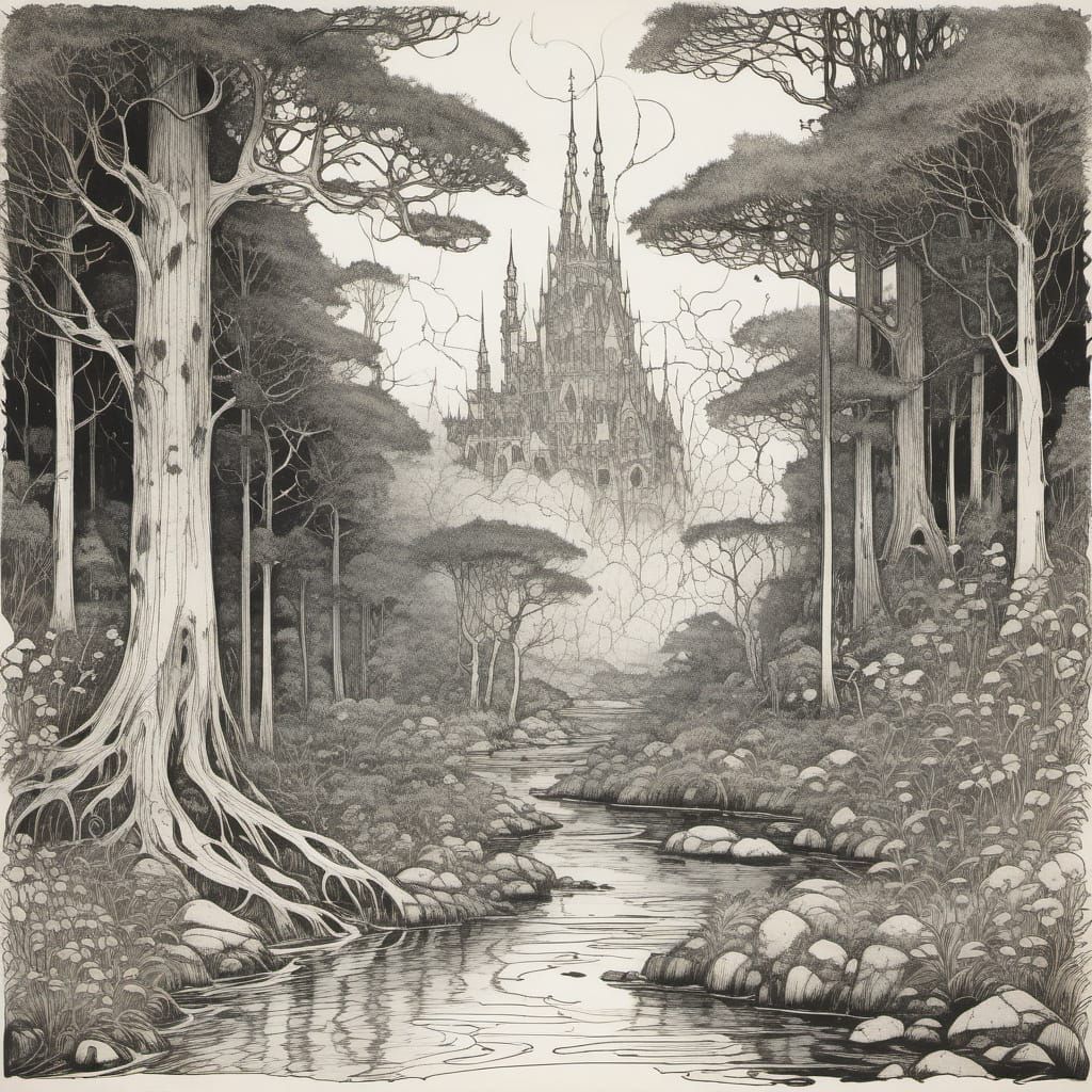 Ancient Mystical Forest Pen-Ink Illustration in Rackham Styl...