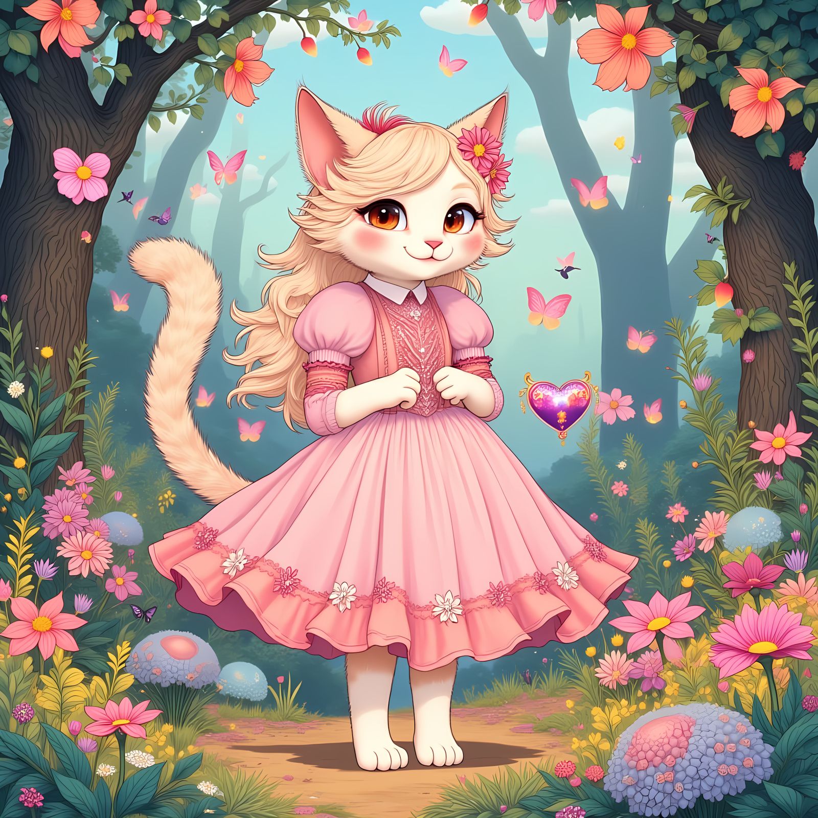 Anthro Cat Girl in Whimsical Forest, Cartoon Style