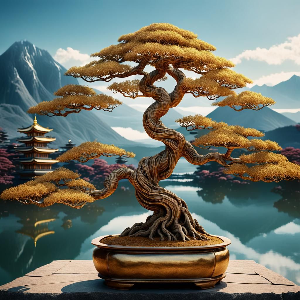 Golden Bonsai Tree by Lake: Digital Matte Painting