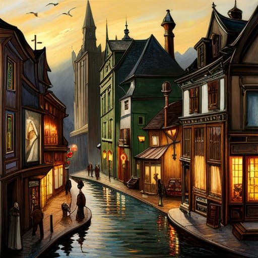 Eerie Gothic Town in Vibrant Triadic Colors