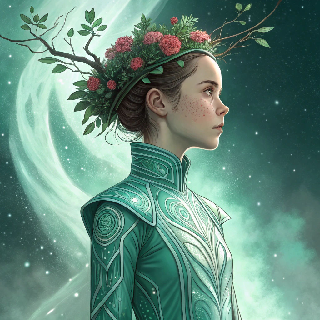 Girl in Futuristic Dress with Floral Crown: Comic Book Art