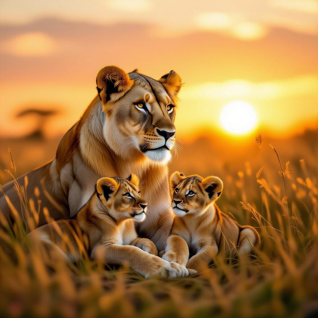 Lioness Protects Cubs on Golden Savanna Sunrise