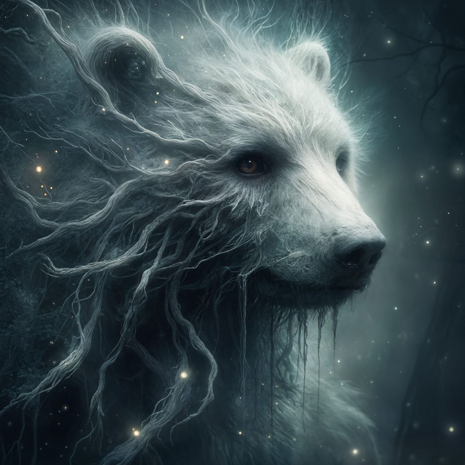 Ethereal Forest Bear with Faded Eyes in Soft Glow