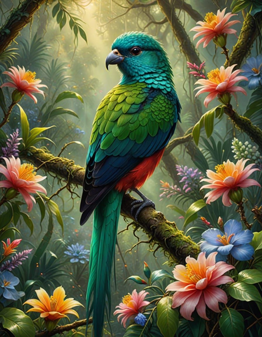 Ethereal Quetzal Bird in Lush Tropical Forest