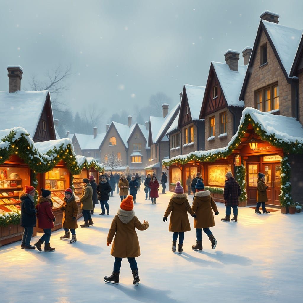 Warm Winter Village Scene with Golden Candlelight and Festiv...