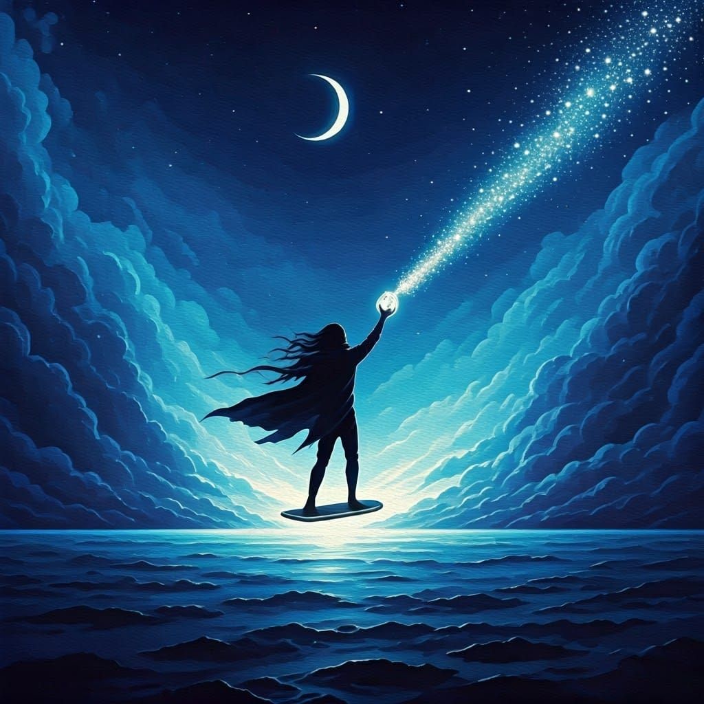 Figure on Hoverboard Scattering Stars: Impasto Gouache Paint...