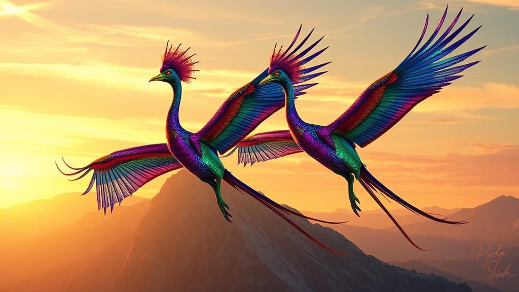 Surreal Sunset Quetzalcoatlus in Vibrant Nuptial Parade