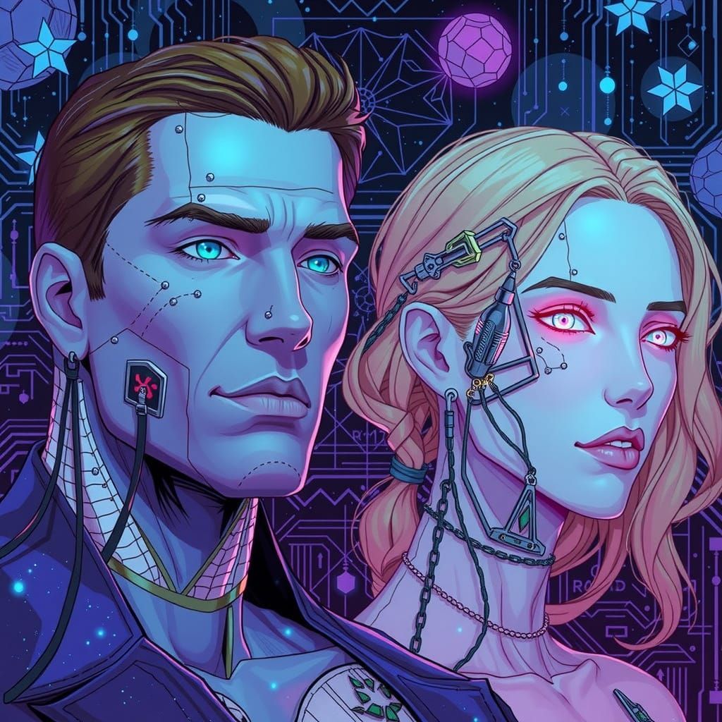 Androgynous Figures in Cyberpunk Landscape