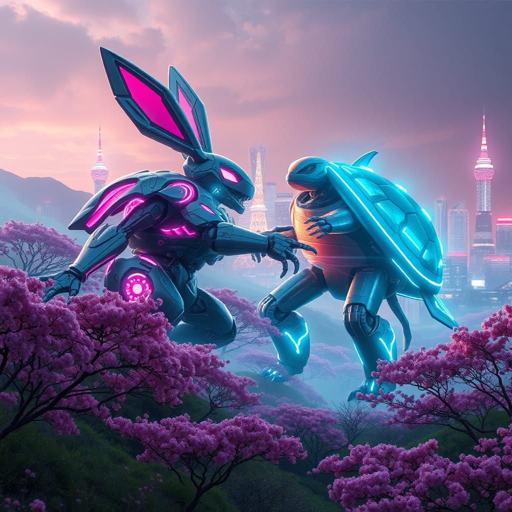 Epic Bunny vs Turtle Mech Battle in Neo-Tokyo