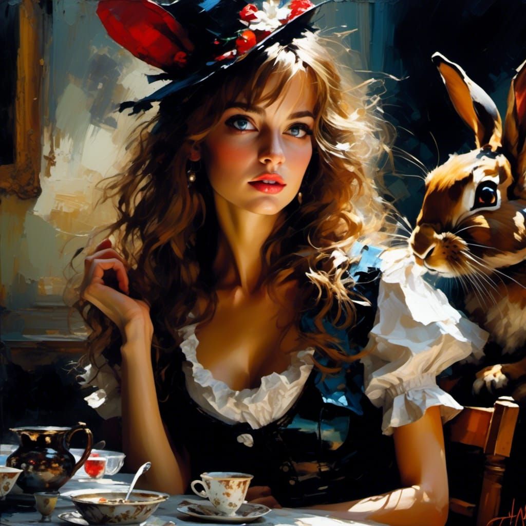 volumetric lighting ::, Close-Up Alice with March Hare, in W...