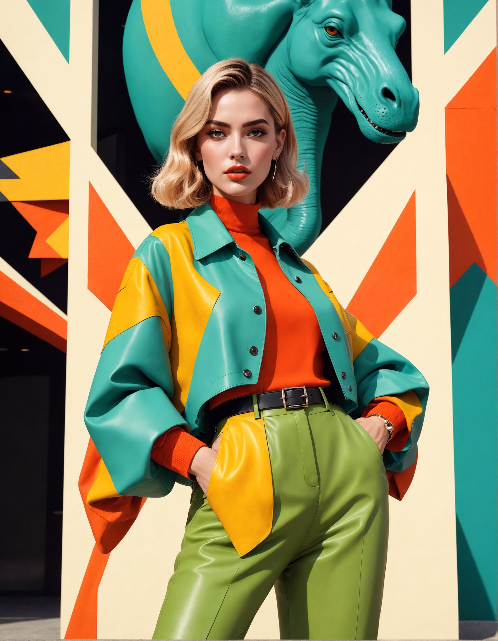 Retro-Futuristic Fashion Icon in Front of a Dinosaur