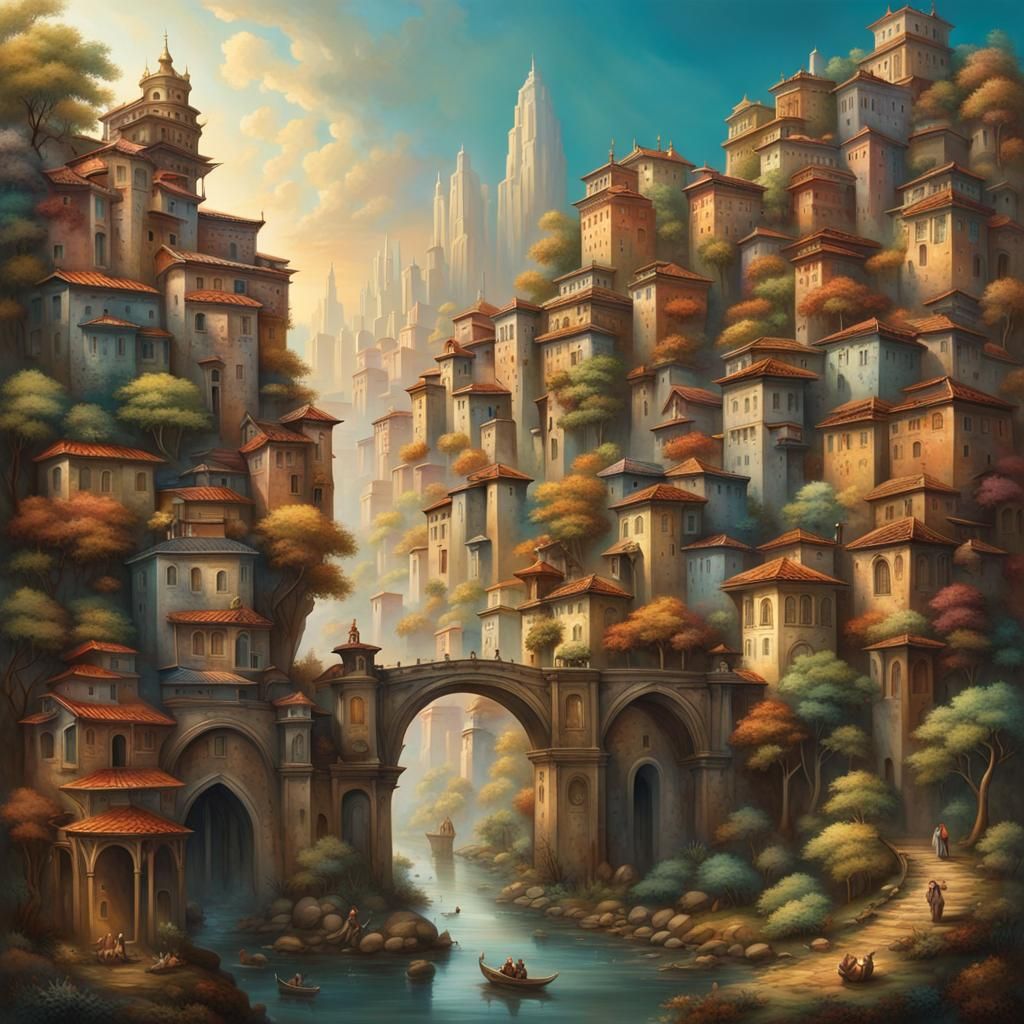 Enchanted Cityscape with Bronze Gate: Digital Matte Painting
