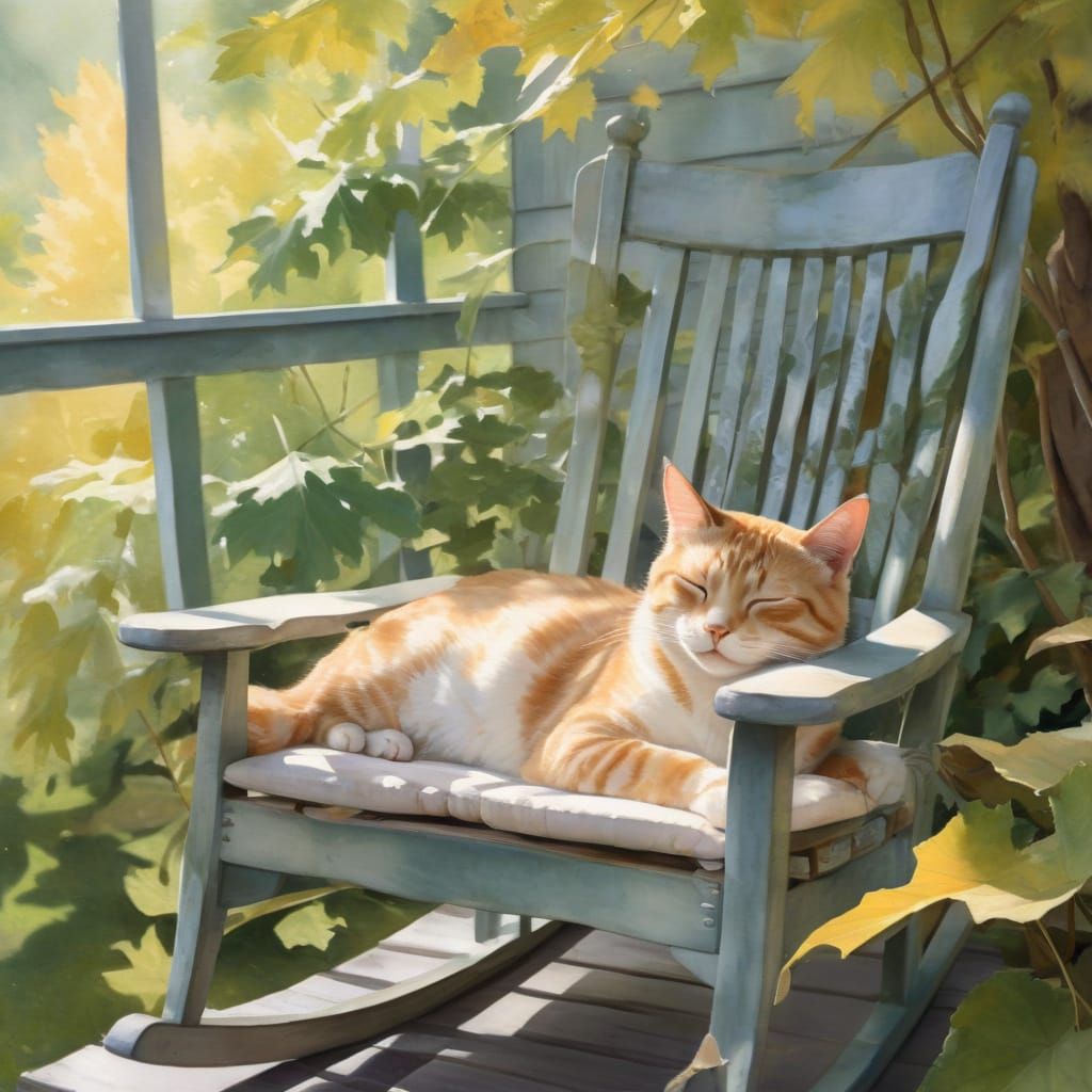 Cat Napping on Porch in Watercolor Style