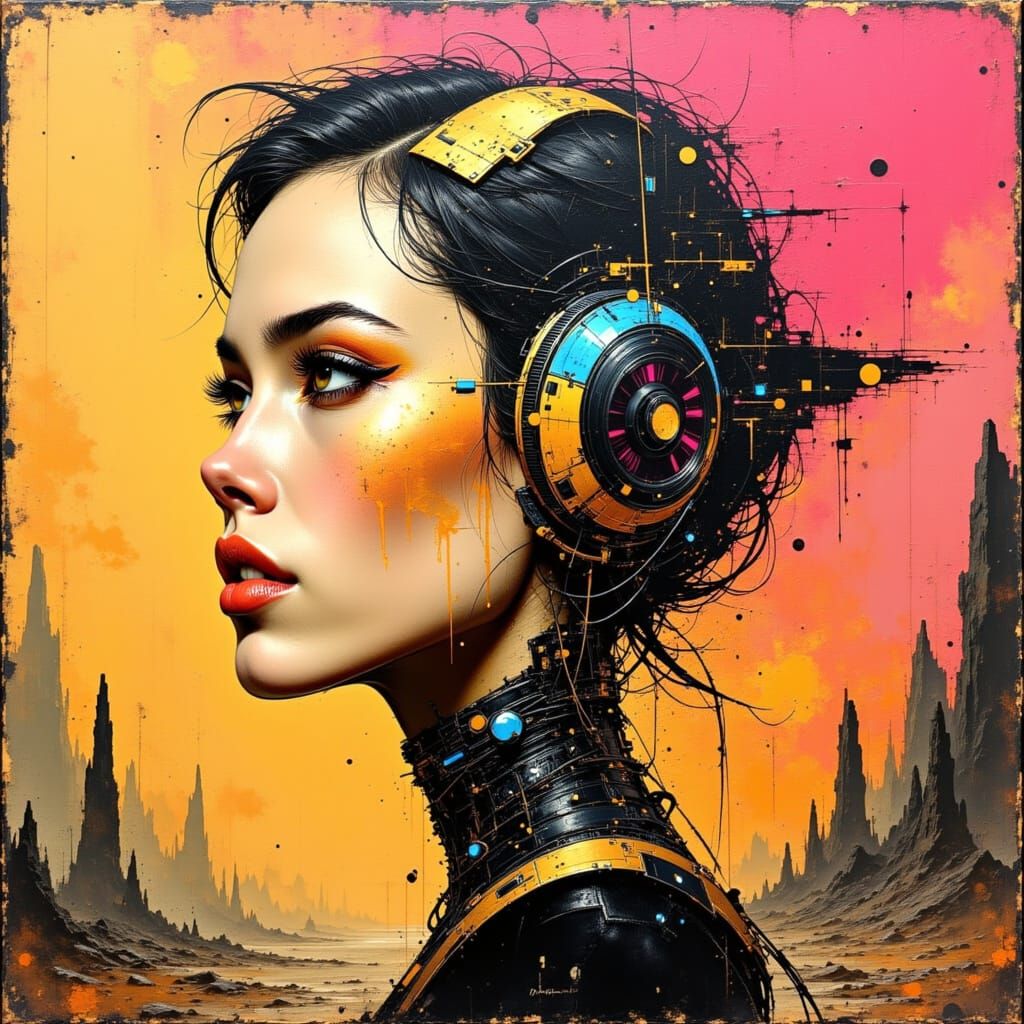 Futuristic Cyborg in Sci-Fi Cityscape as Impasto Painting