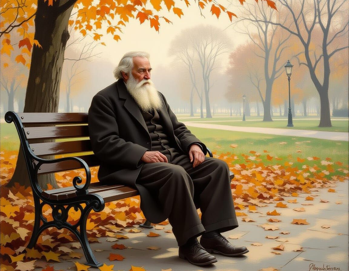 Elderly Man in Autumn Park Oil Painting