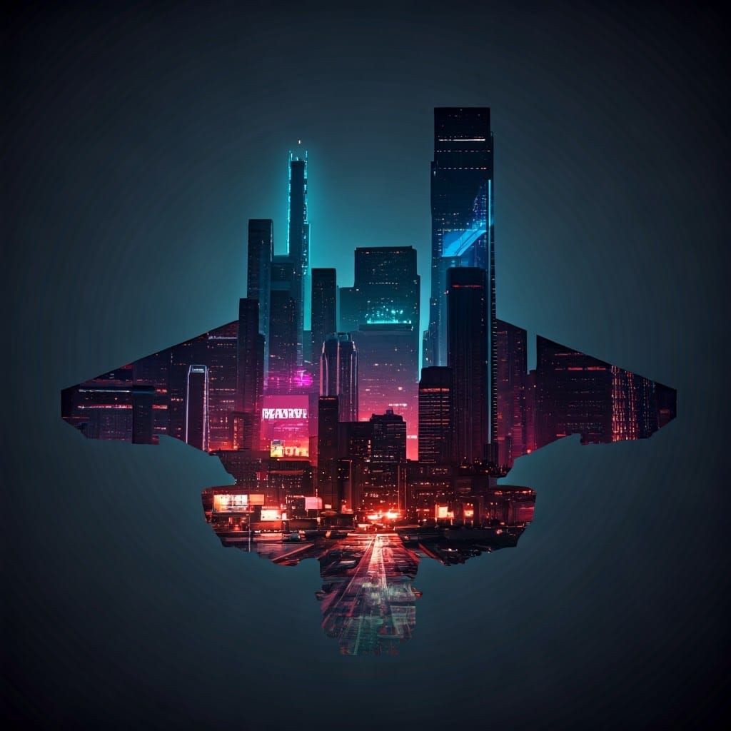 Futuristic Cityscape Merged with Spaceship in Neon Style