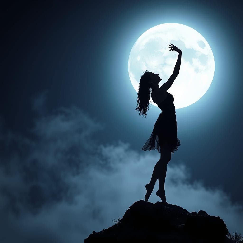 A lone female dancer standing on a rocky cliff at night, silhouetted against a large glowing full moon. Her arms are rai...
