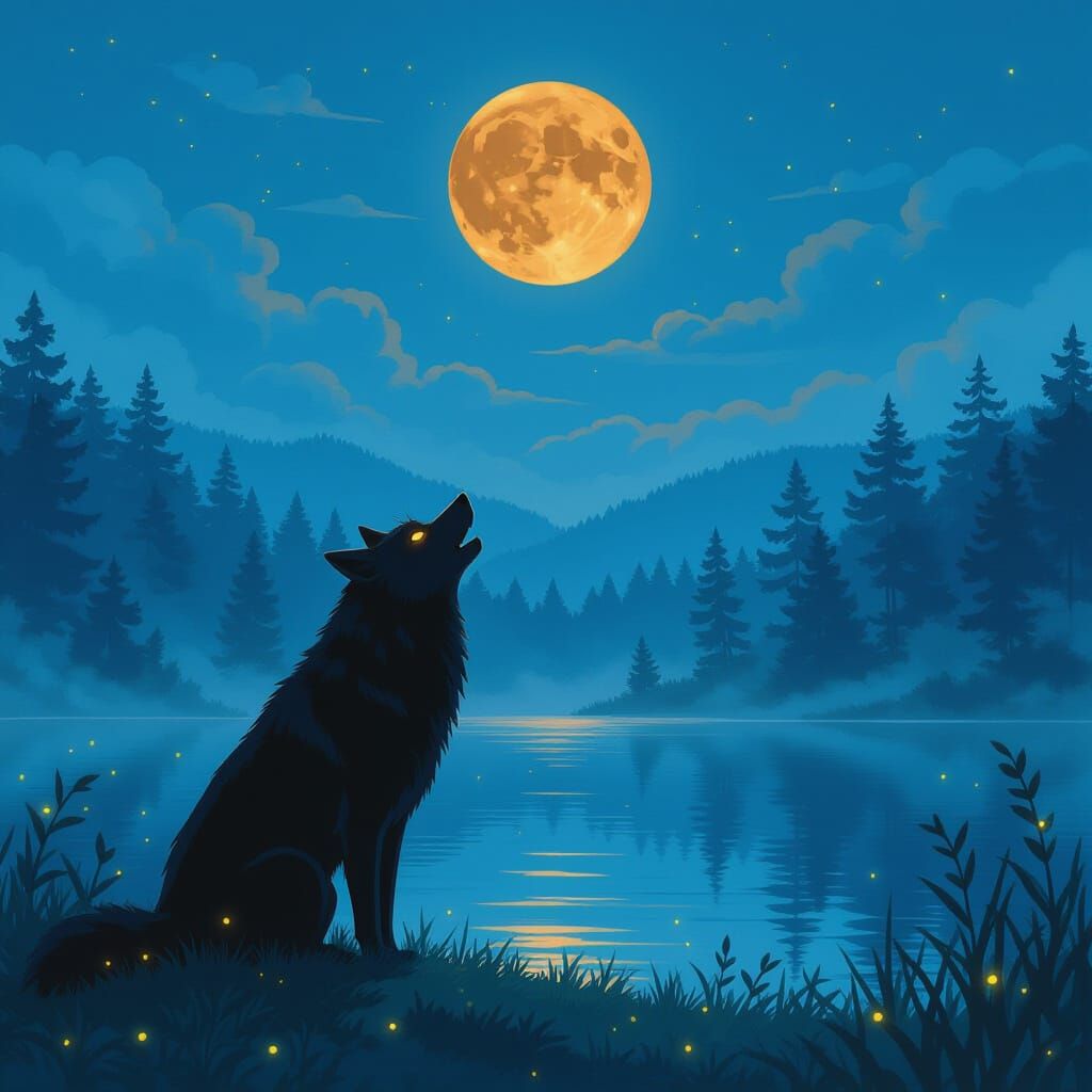Black Wolf Howling at Blood Moon in Ghibli Style