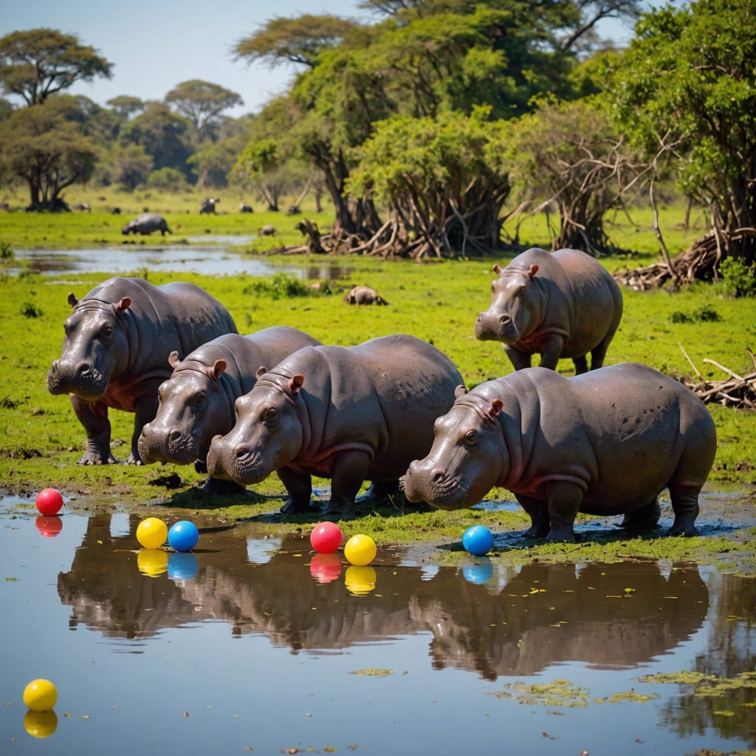 Colorful Hippos Feast in African Swamp