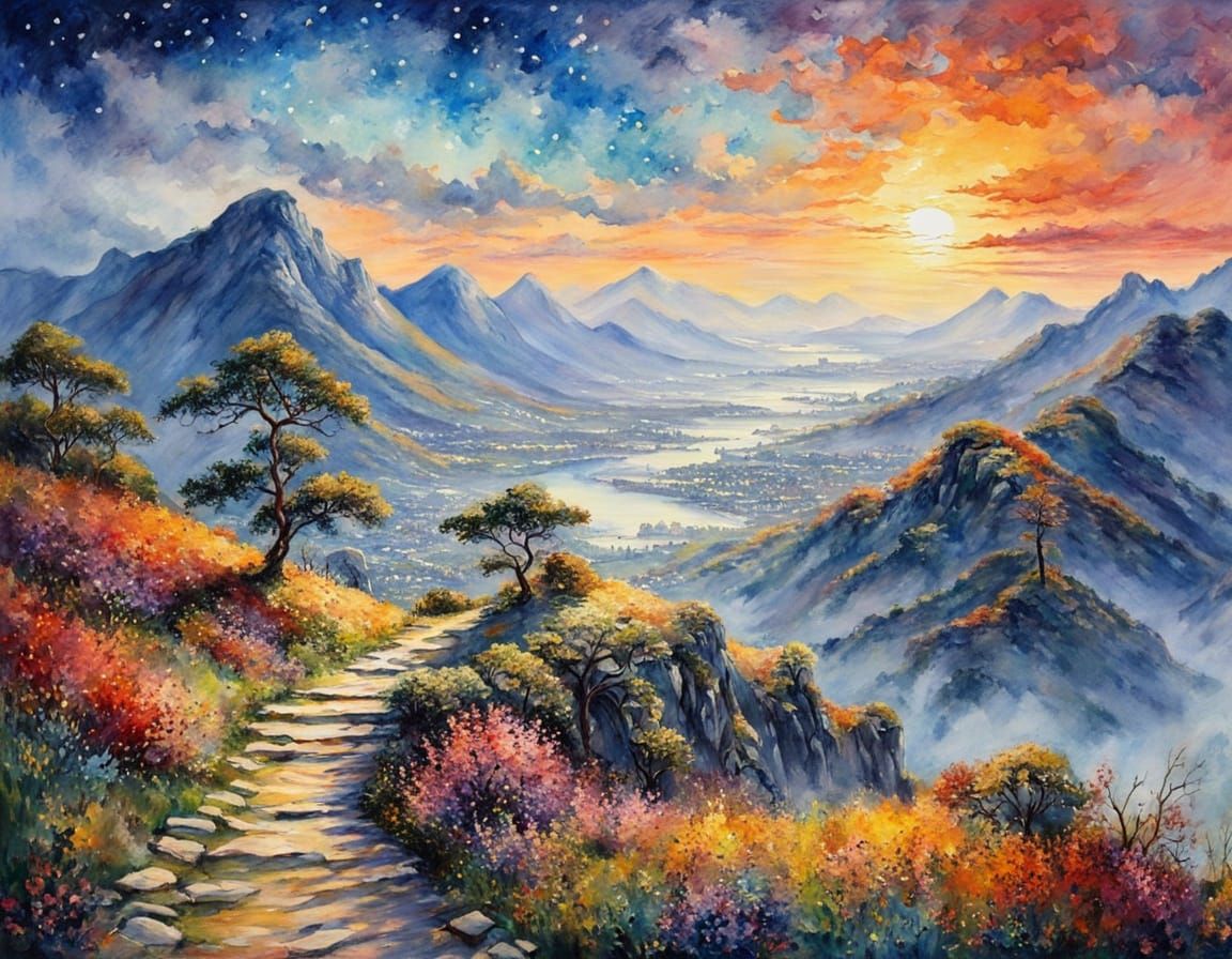 Karate Fight at Sunrise: Impressionist Mountain Scene