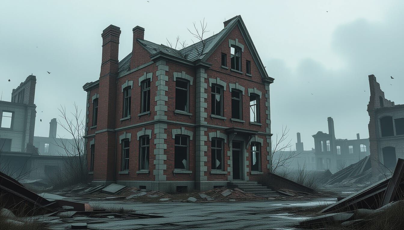 Crumbling Building in Bombed Cityscape