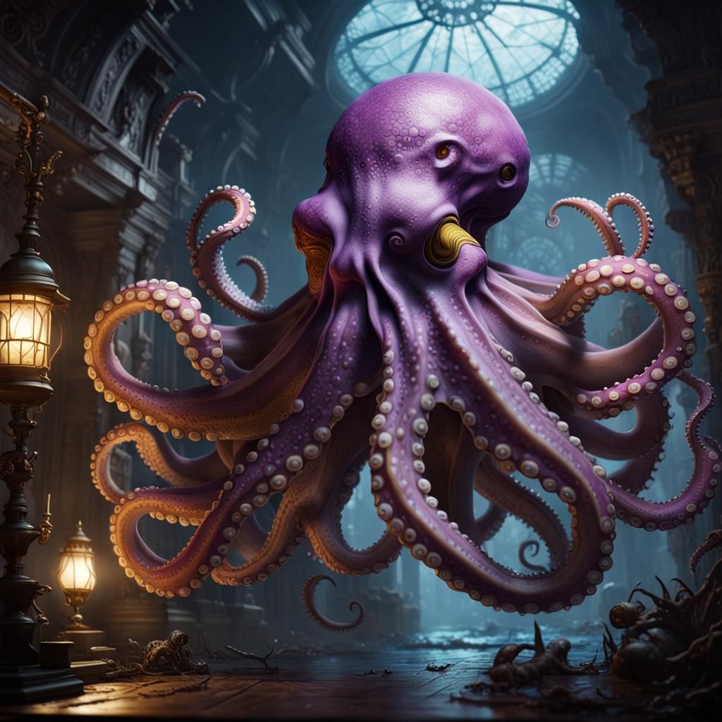 Lovecraftian Were-Octopus Temple Guardian in Dark Fantasy Ar...
