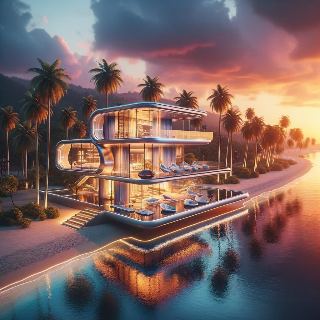 Futuristic Luxury Villa at Sunset, Digital Photography