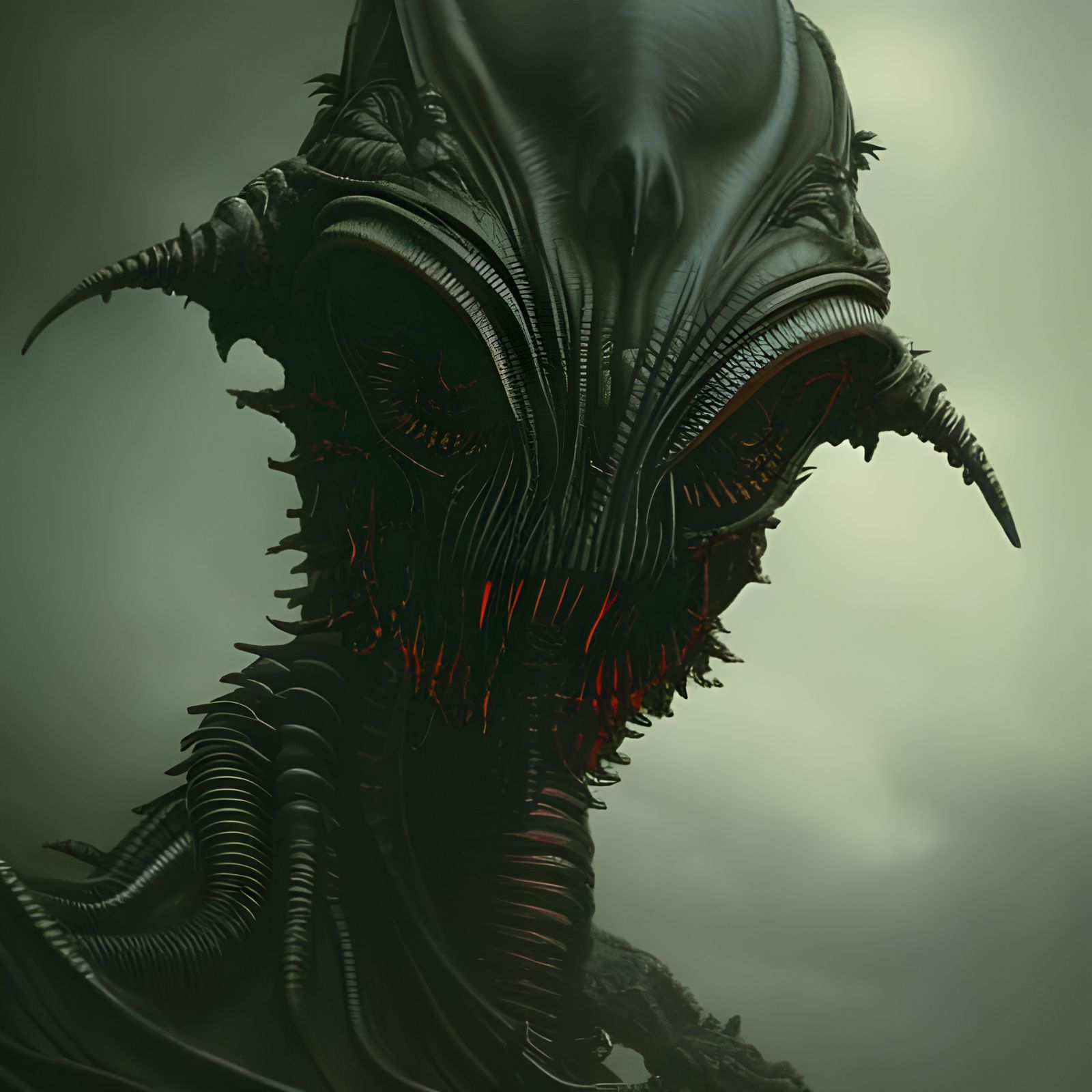 Alien Nazgul Hybrid with Glowing Eyes in Horror Style