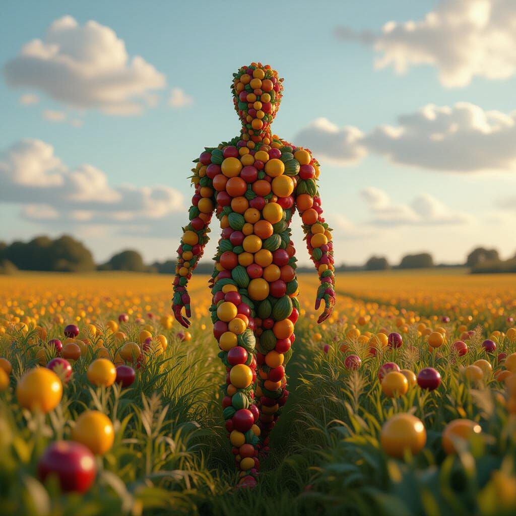 Hyperrealistic Fruit and Vegetable Human Walking