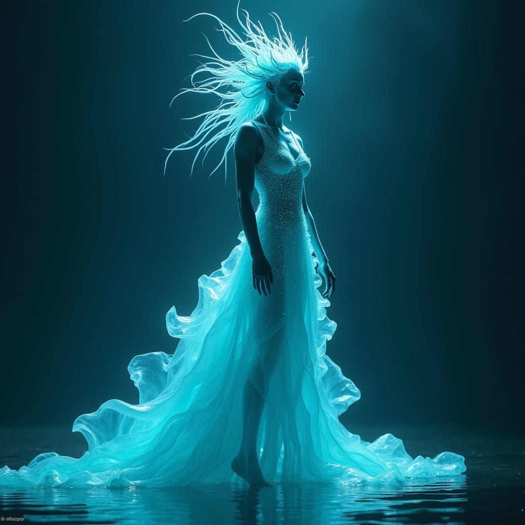 Cybernetic Ice Demon Bioluminescent Dress, Digital Art